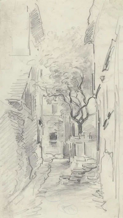 Dorfstraße mit Zaun und Baum by Anton Burger — digital art print download
