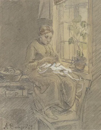 Mädchen am Fenster eine Nadel einfädelnd by Антон Бургер, 1865 — digital art print download