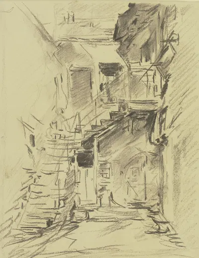 Small farmstead with steep stairs by Антон Бургер — digital art print download