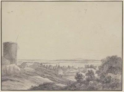 Landschaft, links ein Turm, einige Mauern und Häuser, rechts Gebüsch, Fernsicht by Антоний Ватерлоо — digital art print…