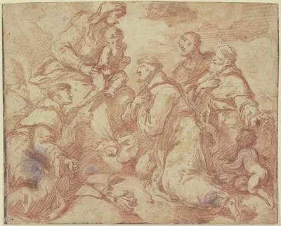 Die Muttergottes mit dem Jesuskind auf Wolken, umgeben von den Heiligen Antonius von Padua und Franziskus sowie zwei…