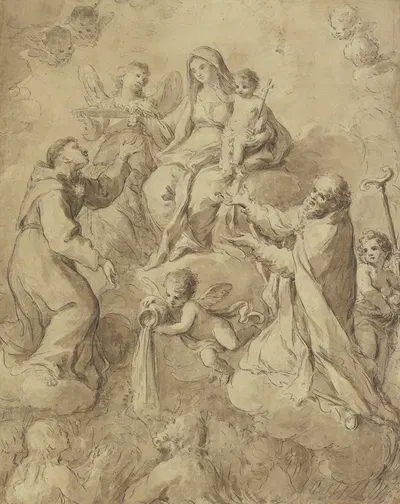 Die Muttergottes mit dem Jesuskind von Heiligen und Engeln umgeben, ein Engel gießt Wasser aus by Antonio Balestra —…
