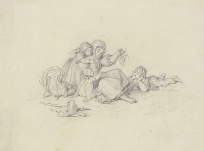 Kinder umringen ein Mädchen auf dem Feld by Arthur von Ramberg — digital art print download