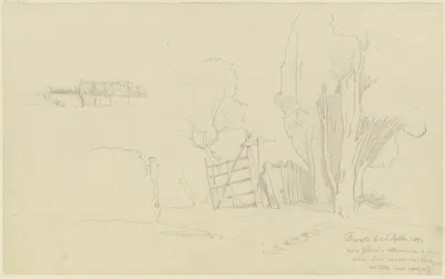 Baumgruppe und Gatter bei Frascati, im Hintergrund Gebäude by Август Лукас, 1834 — digital art print download