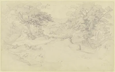 Blick zwischen Bäumen auf Olevano by Август Лукас, 1830 — digital art print download
