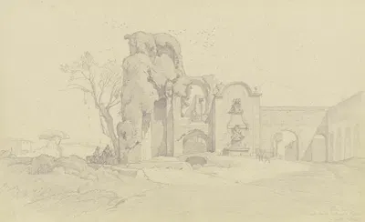 Die Porta Furba und die Acqua Felice mit dem Brunnen Clemens' XII. an der Via Tuscolana bei Rom by Август Лукас, 1834 —…