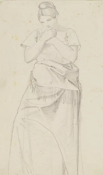 Junges Mädchen mit gesenktem Kopf by August Lucas — digital art print download