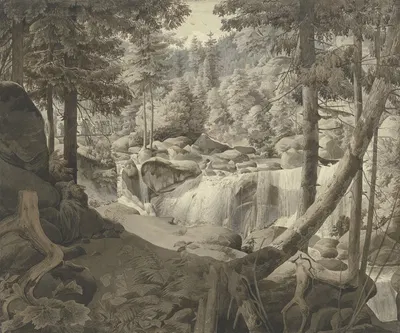 Waldlandschaft mit Wasserfall, im Hintergrund Pilger, über eine Brücke gehend by Август Лукас — digital art print download