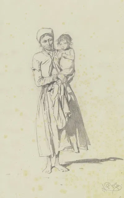 Stehende Bäuerin, ein Kind im Arm haltend by Август фон Петтенкофен, 1856 — digital art print download