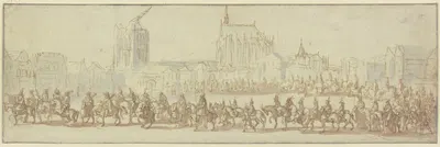 Reiterzug auf einem Platz, im Hintergrund der Kölner Dom by Augustin Braun — digital art print download