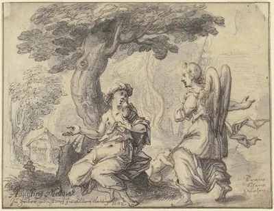 Der Hagar, die unter einem Baum sitzt, erscheint von rechts kommend ein Engel, zwischen ihnen liegt Ismael schlafend am…