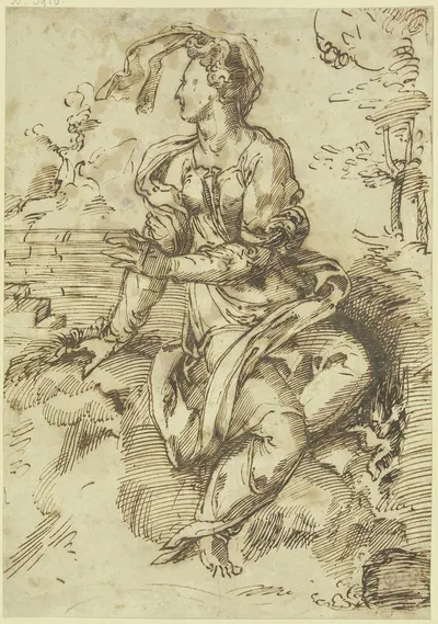 Sitzende Frau mit fliegendem Schleier in einer Landschaft nach links gewandt by Baccio Bandinelli — digital art print…