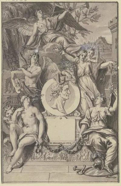 Abundantia hält das Medaillon eines mit Lorbeer gekrönten Mannes, oben schwebt ein Faun by Бернар Пикара, 1712 — digital…