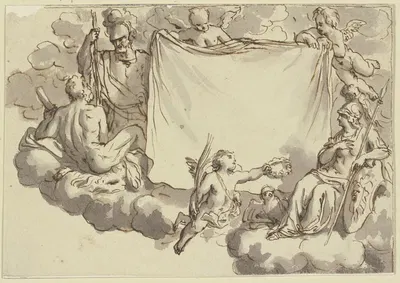 Amoretten halten ein Tuch, rechts Minerva, links Herkules und Mars by Бернар Пикара — digital art print download