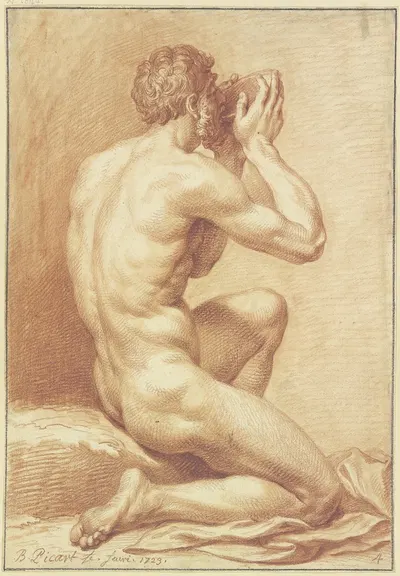 Kniender männlicher Akt, aus einer Schale trinkend by Бернар Пикара, 1723 — digital art print download
