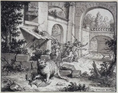 The Cat and the Bat by Bernard Picart, 1718 — digital art print download