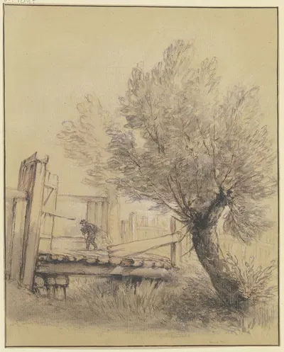 Weidenbaum bei einer Holzbrücke, über die ein Mann schreitet by Bernhard Rode — digital art print download