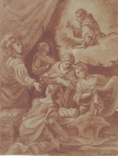 Kind in einer Wiege, von vier Frauen umgeben by Bernhard von Neher the elder — digital art print download