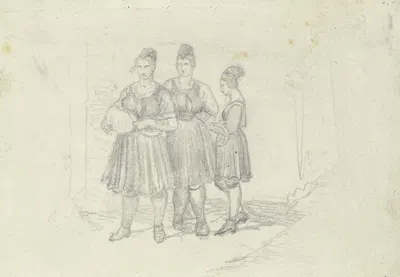 Drei Bauernmädchen in oberhessischer Tracht by Карл Энгель — digital art print download