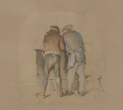 Zwei Bauern in Rückansicht, sich am Ofen wärmend by Карл Энгель — digital art print download