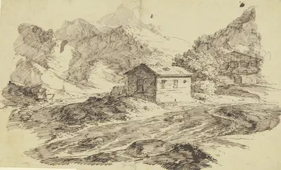 Alpental mit Bach und zwei Almhütten by Carl Friedrich von Rumohr — digital art print download