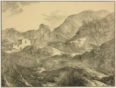 Gebirgslandschaft, links ein Haus mit einem Wanderer davor by Carl Friedrich von Rumohr, 1832 — digital art print download