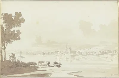 Flusslandschaft, vorne eine Herde, im Hintergrund eine Stadt by Карл Кунц — digital art print download