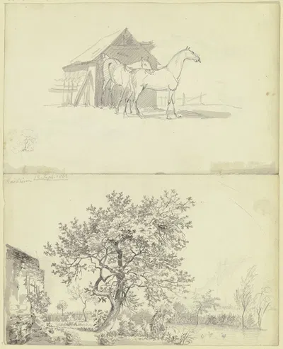 Zwei Pferde vor einem Stall; Garten an einem Wasserlauf bei Rödelheim by Карл Морганштерн, 1831 — digital art print download