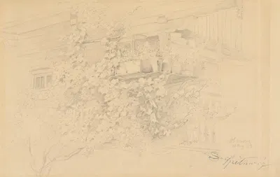 Ecke eines Bauernhauses mit rankendem Weinlaub und Blumentöpfen by Карл Спицвег, 1842 — digital art print download