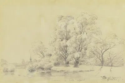 Landschaft mit Bäumen am Wasser, in der Ferne der Turm einer Dorfkirche by Карл Спицвег — digital art print download