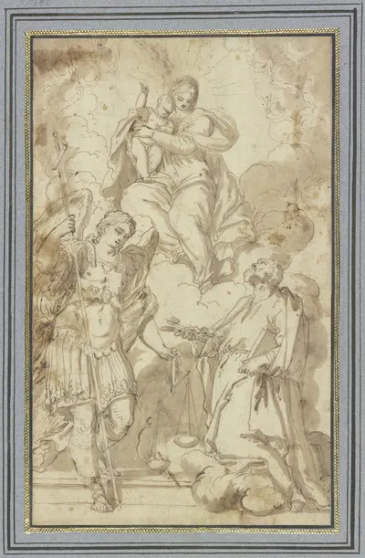 Madonna in Wolken, verehrt vom Erzengel Michael und dem Heiligen Petrus by Carlo Caliari — digital art print download