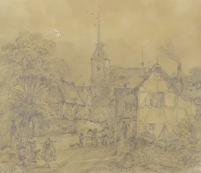 Dorfstraße mit Kirche und Wirtshaus by Caspar Scheuren — digital art print download