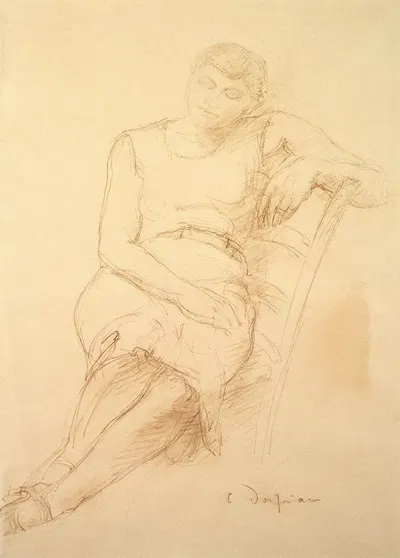 Frau in ärmellosem, kurzem Kleid auf Stuhl schlafend by Charles Despiau — digital art print download