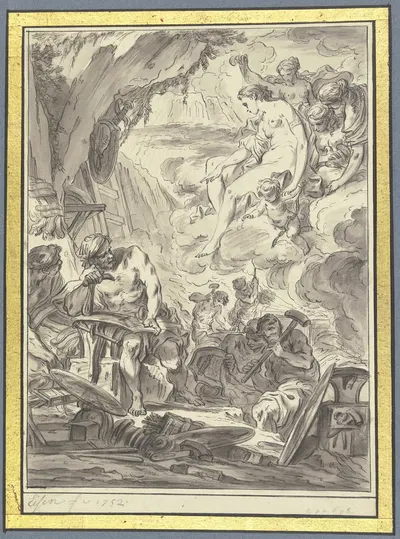 Venus in der Werkstatt des Vulkan, der die Waffen des Aeneas schmiedet by Шарль Доминик Жозеф Эйзен, 1752 — digital art…