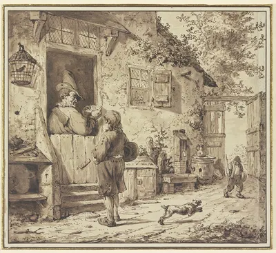 An einer Haustür bringt ein Junge einem Mann einen Brief by Charles Echard, 1783 — digital art print download