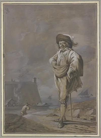Ein Kavalier mit Hut, Mantel und Degen steht am Ufer des Meeres by Charles Echard, 1790 — digital art print download
