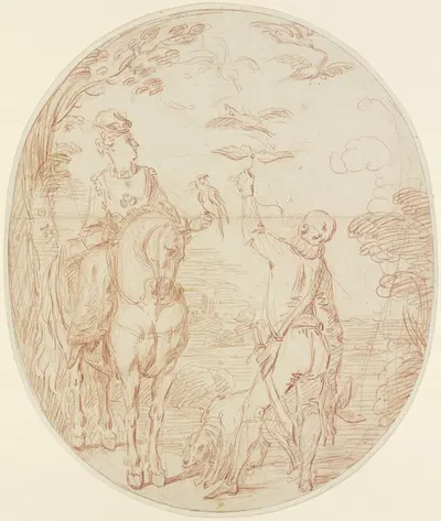 Falkenjägerin zu Pferde mit einem Diener zu Fuß by Charles Parrocel — digital art print download