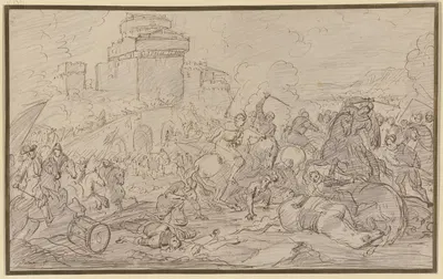 Reitergefecht vor einer Brücke, die auf eine Burg zuführt by Charles Parrocel — digital art print download