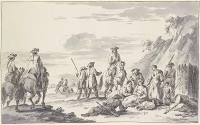 Soldaten zu Pferde und zu Fuß bei einem Schanzkorbe mit Frauen und Kindern by Charles Parrocel — digital art print download
