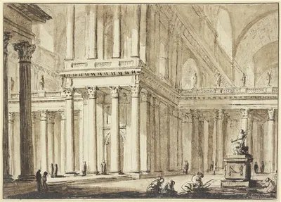 Grandiose Säulenhalle, rechts eine Statue vor welcher mehrere Menschen knien by Charles-Michel-Ange Challe — digital art…