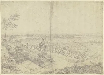Blick auf Oppenheim am Rhein mit der Katharinenkirche, in der Ferne das Rheintal by Кристиан Георг Шютц старший, 1768 —…