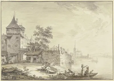 Stadttor bei einem Turm am Wasser (Oestrich), vorne ein Kahn mit drei Personen und einem Hund by Christian Georg Schütz the…