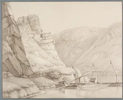 Blick in das Rheintal bei Sankt Goarshausen, im Vordergrund Fischerboote mit Netzen by Кристиан Георг Шютц младший, 1804 —…