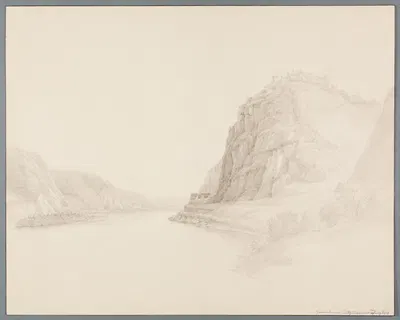 Blick in das Rheintal, rechts auf einem Felsen die Ruine Hammerstein by Кристиан Георг Шютц младший, 1804 — digital art…