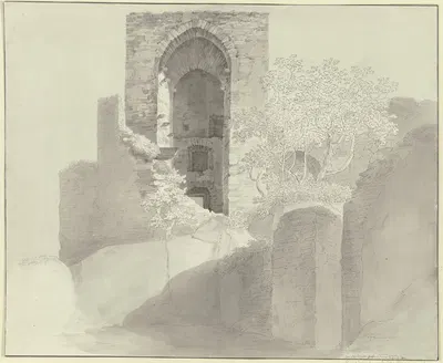 Blick in die hohe Fensteröffnung eines Turmes (Ruine Hohenstein bei Bad Schwalbach) by Кристиан Георг Шютц младший, 1803 —…