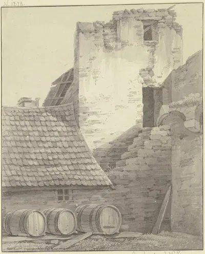 Haus an einer Stadtmauer mit Turm und Treppe, im Vordergrund drei liegende Fässer by Кристиан Георг Шютц младший, 1803 —…
