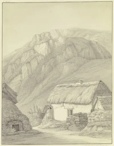 Strohhaus vor einer felsigen Berghöhe by Кристиан Георг Шютц младший, 1804 — digital art print download