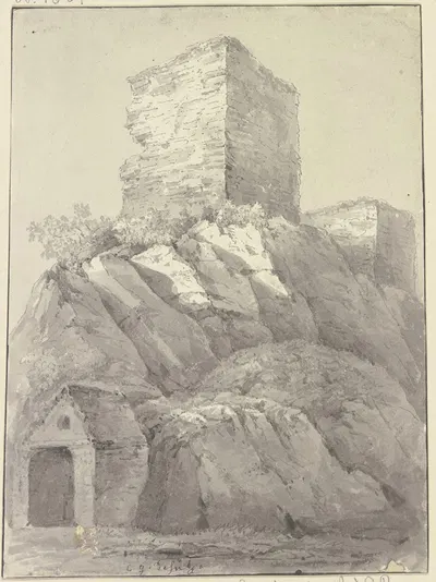Zwei Burgtürme auf einem Felsen, im Vordergrund ein Steinhäuschen by Кристиан Георг Шютц младший — digital art print download
