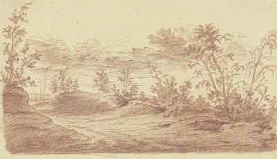 Abendlandschaft, im Vordergrund ein Waldweg mit lichtem Buschwerk by Christian Gottfried Mathes — digital art print download