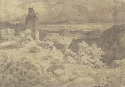 Hügelige Landschaft mit einer Turmruine by Christian Heerdt, 1842 — digital art print download